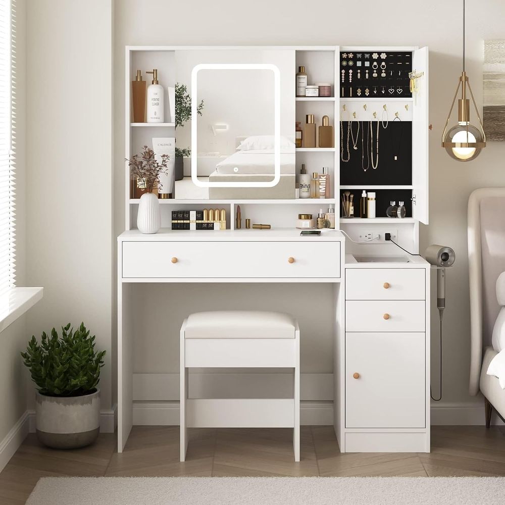 Desk Charging Station - Vabches White Vanity Desk with Mirror