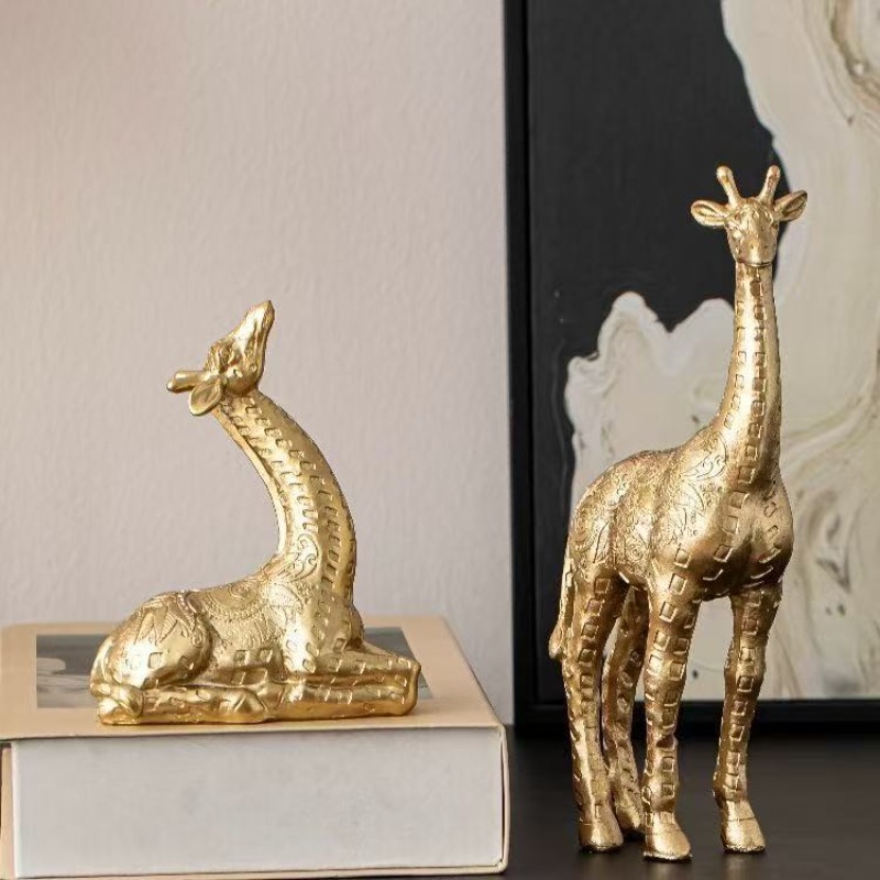 Home Office With Bookshelves - 2pcs/set Giraffe Ornament, Golden Statue Art