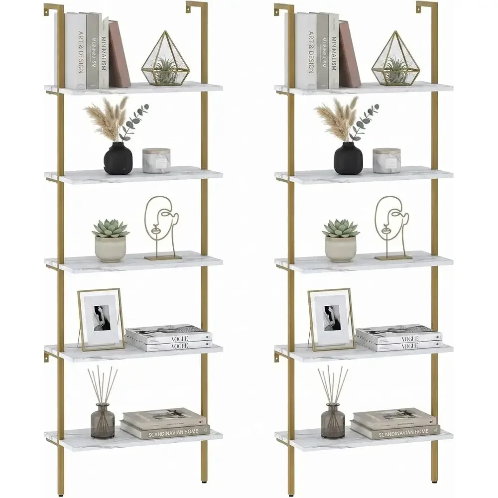 Home Office With Bookshelves - 5-Tier White Marble Wall-Mounted Wood Rack