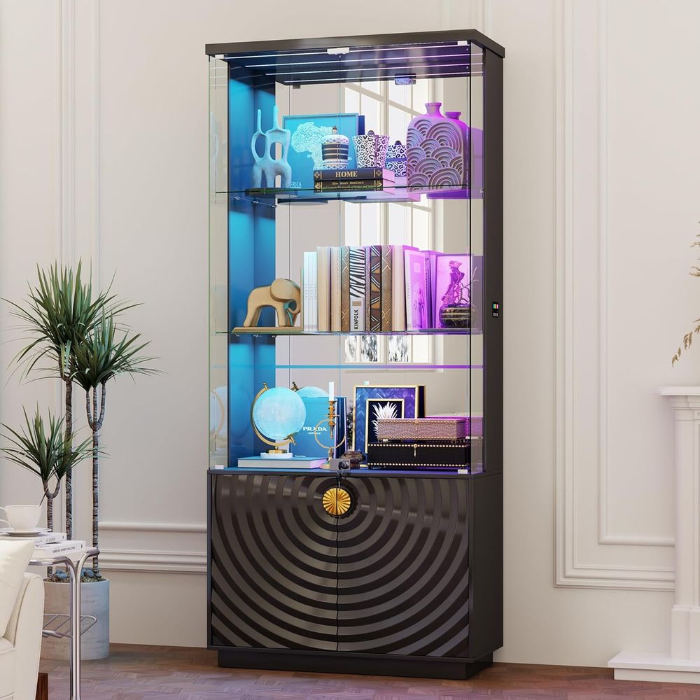 Bookcase Wood Shelf - 71 Glass Display Cabinet, 4-Tier Curio