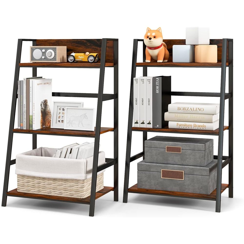 Home Office With Bookshelves - 3-Tier Wooden Industrial Bookshelf with Metal