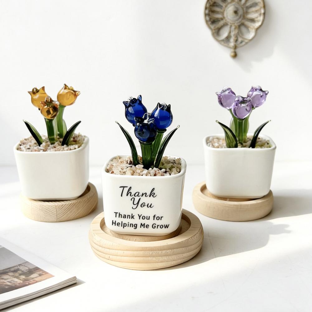Home Office With Bookshelves - Mini Potted Glass Flower Decoration Miniature