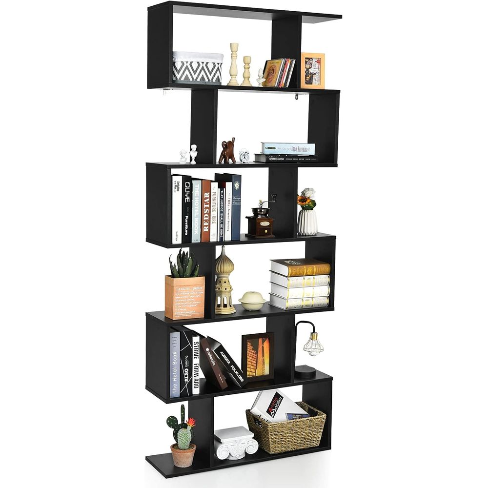Bookcase Wood Shelf - 6-Tier S-Shaped Wooden Bookcase, 31.5L x