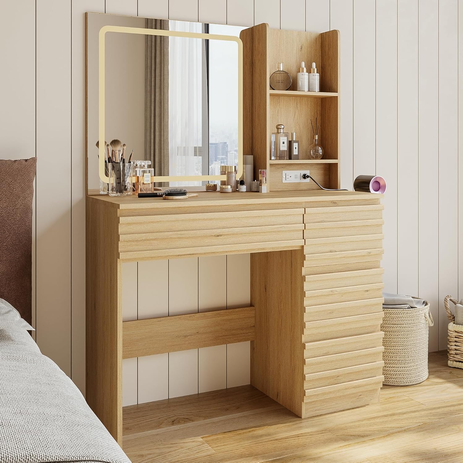 Bedroom Vanity Desk Set in Oak - Desk Charging Station recension och pris