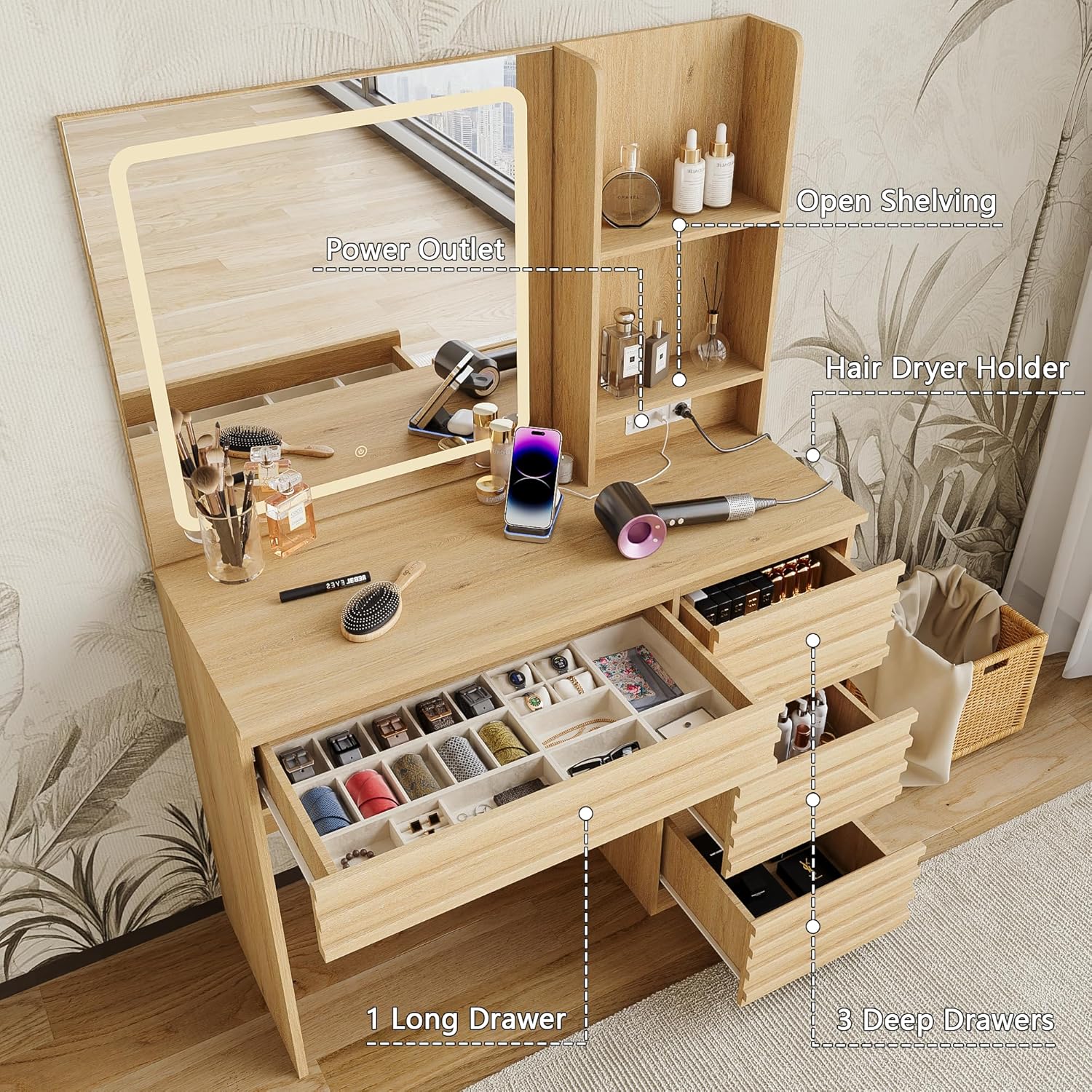 Bedroom Vanity Desk Set in Oak - Desk Charging Station recension och pris