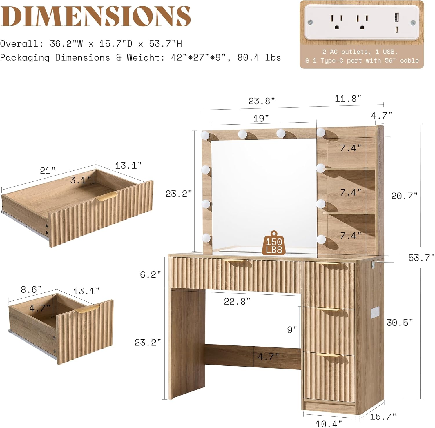 Natural Oak Fluted Vanity Desk - Desk Charging Station recension och pris