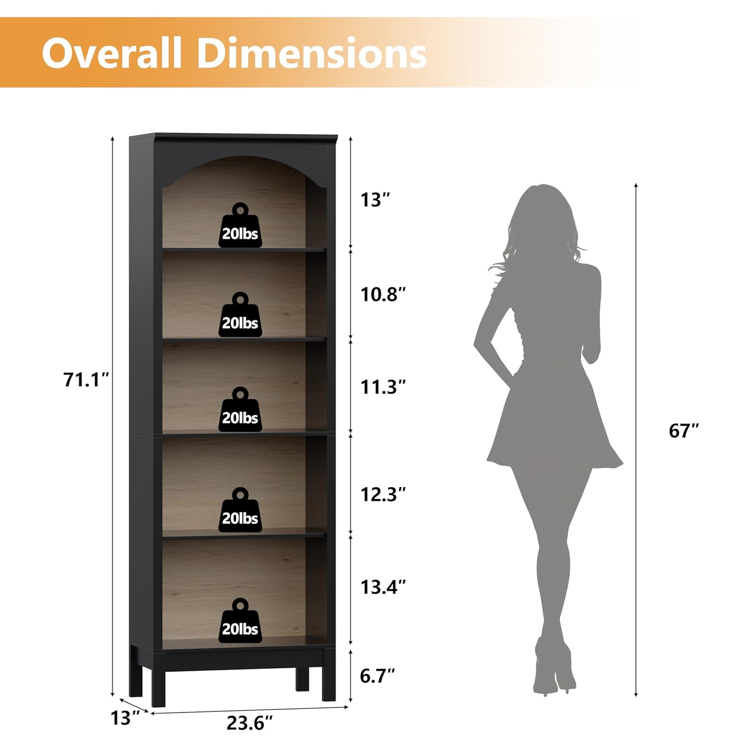 Arched Bookshelf with 5 Tier O - Bookcase Wood Shelf recension och pris